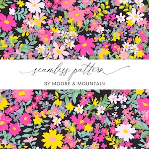 Neon Pink and Black Flowers Pattern, Digital Background Bright Pink and Black Floral Background Pattern, Seamless Pink and Black Pattern