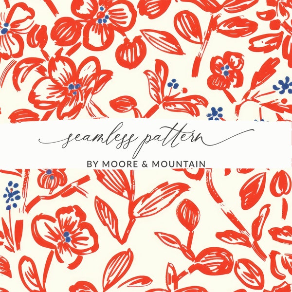 Red Sketched Floral Pattern, Seamless Red Dainty Folk Floral Background, Red and White Delicate Handdrawn Floral Background, Commercial Use