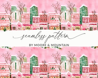 Eislaufen Hintergrundmuster Rosa Weihnachten Nahtloses Eislaufen Stadtstraße Weihnachtsstadt-nahtloses Muster-Rosa Aquarell-Stadt PNG