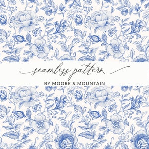 Hellblaues und weißes Blumenmuster, nahtloses zartes Blumen-Toile-Linie-Kunstmuster PNG, nahtlose weiße und blaue viktorianische Blumen PNG