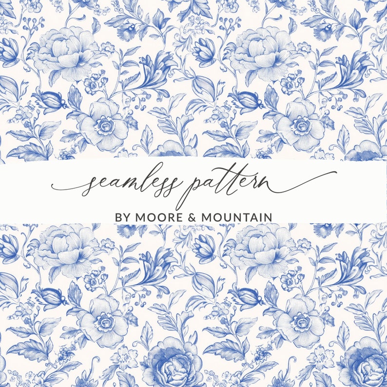 May include: A seamless pattern featuring blue floral designs on a white background. The pattern includes various flowers, leaves, and stems. The text "seamless pattern" and "BY MOORE & MOUNTAIN" is displayed in black text on a white banner.