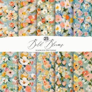 May include: 25 Bold Blooms Seamless Patterns - A set of digital floral patterns featuring bold, colorful blooms in shades of pink, orange, yellow, and white on a light blue background. The patterns are perfect for creating unique and eye-catching designs for a variety of projects.