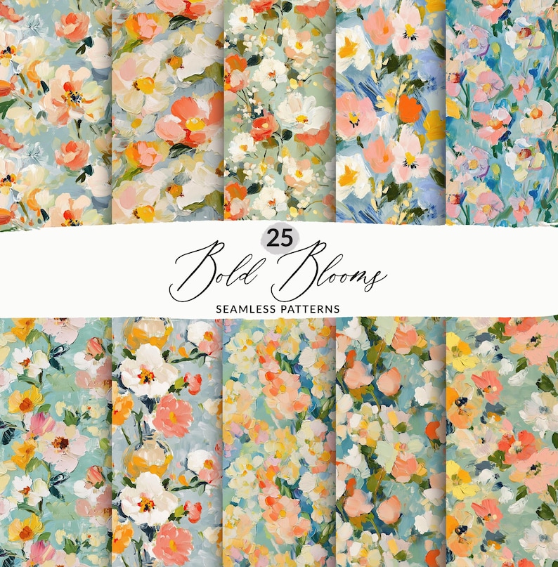 May include: 25 Bold Blooms Seamless Patterns - A set of digital floral patterns featuring bold, colorful blooms in shades of pink, orange, yellow, and white on a light blue background. The patterns are perfect for creating unique and eye-catching designs for a variety of projects.