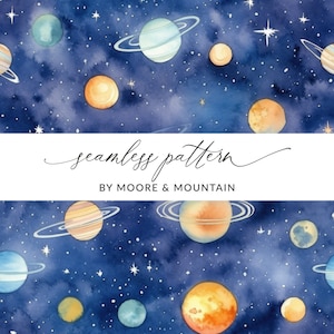 May include: A seamless pattern featuring watercolor planets and stars on a dark blue background. The pattern is perfect for fabric, wallpaper, or other creative projects.