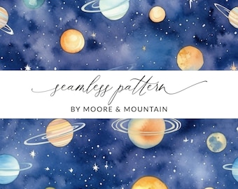 Seamless Space Background, Repeating Planets Background Watercolor Planets, Outerspace Digital Paper, Cute Planets Background, Tiling Planet