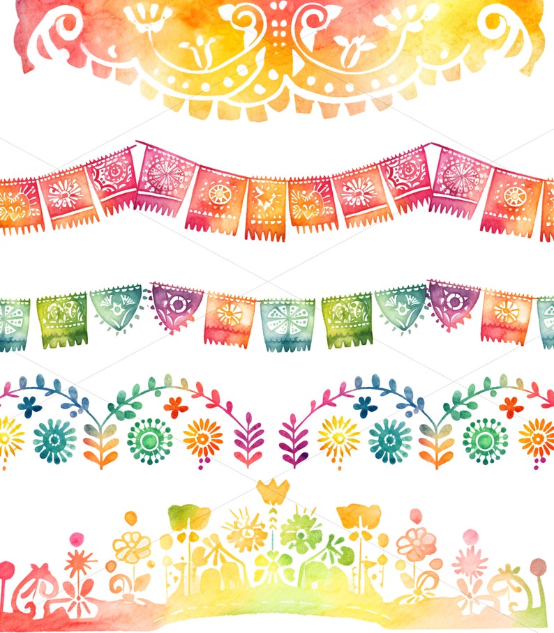 May include: A set of four watercolour borders featuring colourful floral and geometric designs. The borders are perfect for adding a festive touch to any project.