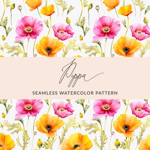 Nahtloses Aquarell Mohn Hintergrundmuster, sich wiederholender Mohn Hintergrund, Blumen Hintergrund JPEG, Nahtlos, INSTANT DOWNLOAD