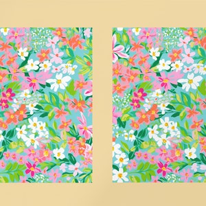 K&ouml;nnte beinhalten: Ein nahtloses Muster mit verschiedenen bunten Blumen auf hellblauem Hintergrund. Die Blumen sind rosa, orange, wei&szlig; und gr&uuml;n.