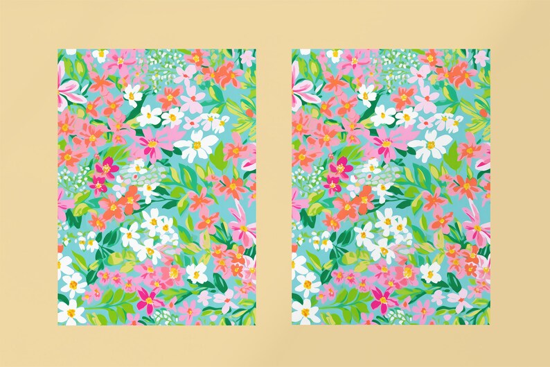 K&ouml;nnte beinhalten: Ein nahtloses Muster mit verschiedenen bunten Blumen auf hellblauem Hintergrund. Die Blumen sind rosa, orange, wei&szlig; und gr&uuml;n.