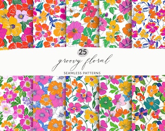 25 Retro Floral Seamless Digital Paper, Groovy 70s Patterns, 1960s Vintage Big Blooms Patterns, Seamless Groovy Flower Power JPG