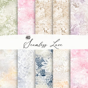 May include: A set of 40 digital seamless lace patterns in various colours, including green, pink, white, and blue. The patterns feature intricate floral designs and are perfect for crafting projects, scrapbooking, and digital design.