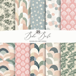 25 Boho Line Art-patronen, moderne Boho naadloze patroonset, saliegroen Boho-patroon, naadloze stoffige roze Boho-patronen, modern palmpatroon