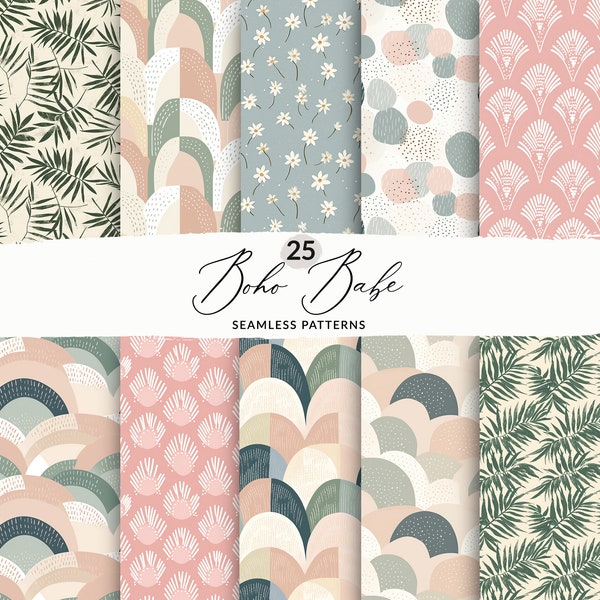 25 Boho Line Art Patterns, Modern Boho Seamless Pattern Set, Sage Green Boho Pattern, Seamless Dusty Pink Boho Patterns, Modern Palm Pattern