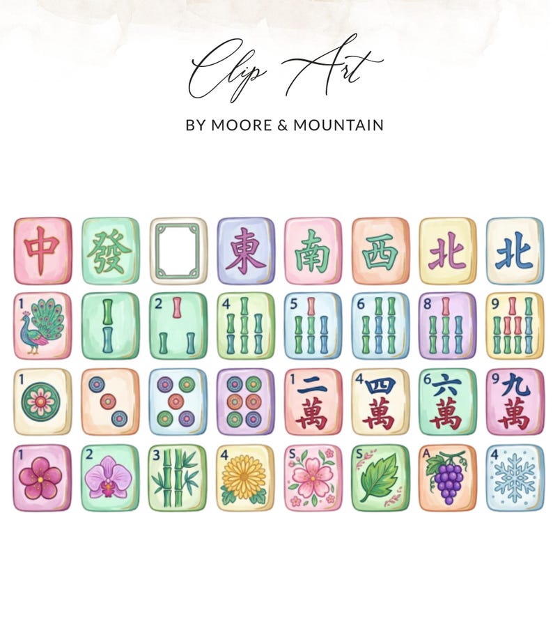 Mahjong tiles with flowers, peacock, and Chinese characters.