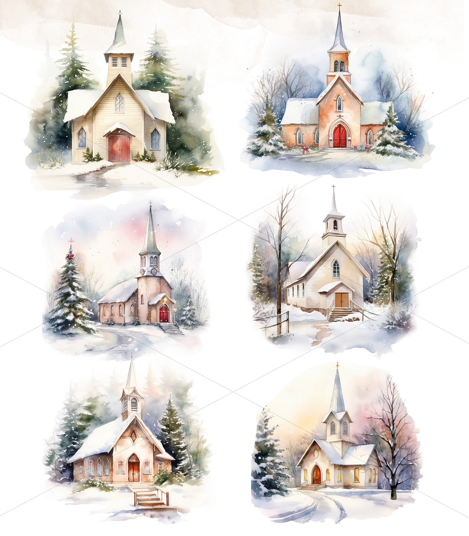 Watercolor Church Clipart, Winter Church Scene, Christmas Church