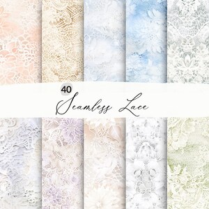 May include: 40 seamless lace patterns in a variety of colours and designs, including white, beige, blue, and green. The patterns feature intricate floral details and delicate textures.