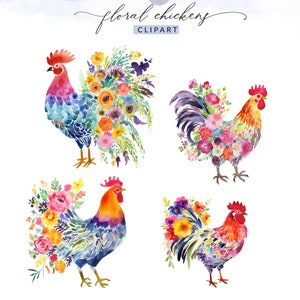 May include: Four watercolor illustrations of roosters with colorful flowers in their feathers. The roosters are in various poses, with their heads turned and their tails spread out. The flowers are a mix of pink, yellow, orange, and purple.