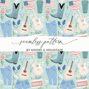 Nashville Country Digital Paper, Western Seamless Pattern, Cowboy Boot Guitar Jeans American Flag Floral Print, Rustic Digital Download