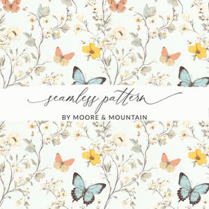 Light Blue Butterflies Enchanted Spring Pattern, Enchanted Floral Seamless Pattern, Light Pastel Spring Wildflower Pattern PNG