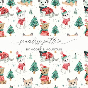 Weihnachten Hunde Muster, schrullig Hunde Hintergrund, süße Hunde in Santa Hüte Hintergrund Muster-Datei Nahtlose Hunde Hintergrund