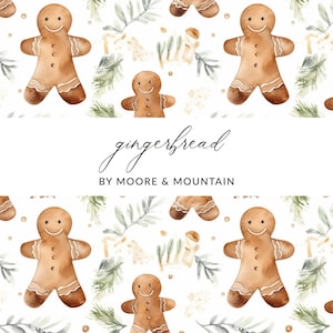 May include: A seamless pattern featuring watercolour illustrations of gingerbread men, green leaves, and gold glitter. The text "gingerbread" and "BY MOORE & MOUNTAIN" is displayed in the centre of the pattern.
