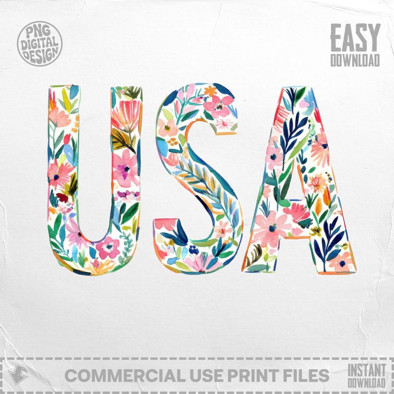 USA spelled out in floral watercolor letters with "EASY DOWNLOAD" overlay.