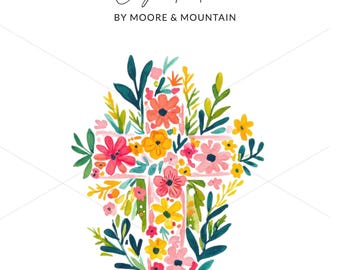 Preppy Floral Cross Digital, Easter Cross PNG, Flower Cross SVG, Christian Clipart, Cross Preppy Clip Art PNG