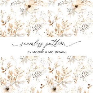Puede incluir: Un patrón sin costuras con ilustraciones de acuarela de ramitas florales beige y grises y flores blancas. El texto "seamless pattern" y "BY MOORE & MOUNTAIN" está incluido en el diseño.