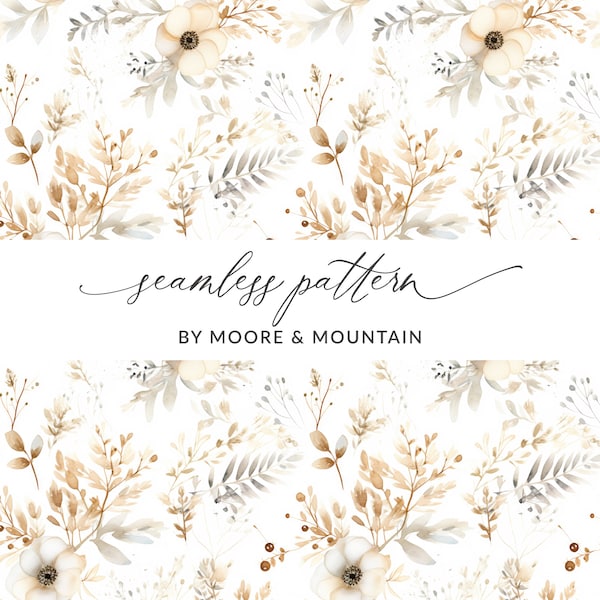 Seamless Winter Boho Floral Pattern, Seamless Winter Boho Neutral Foliage, Seamless Neutral Foliage White Anemone Seamless, Commercial Use