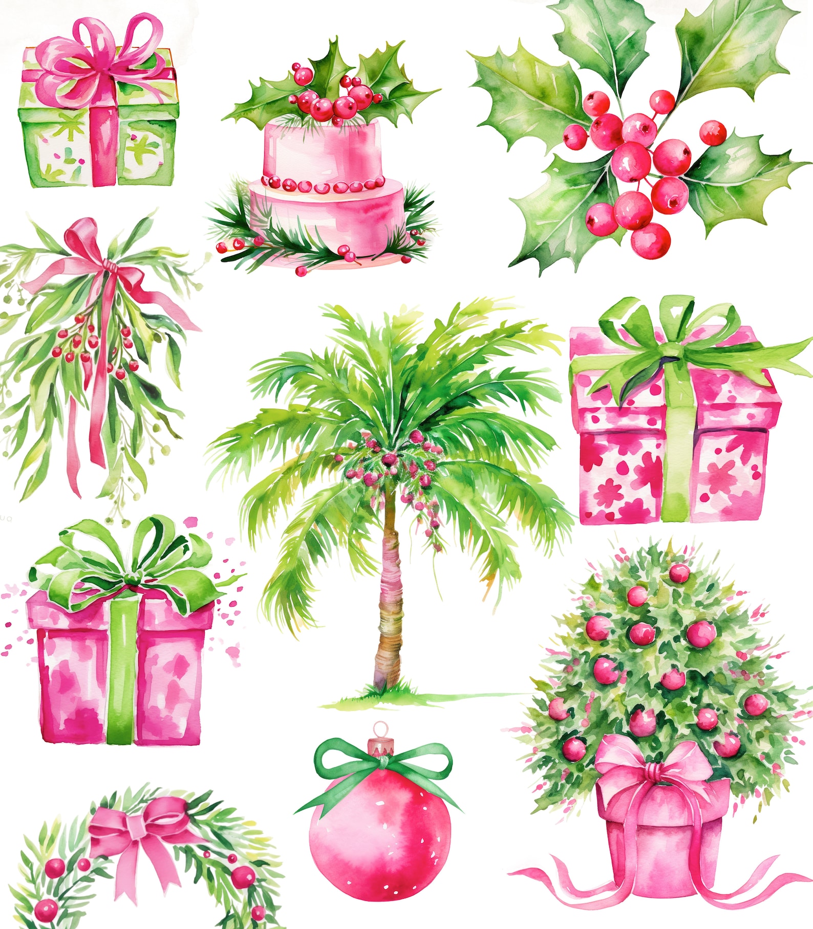 Hot Pink Christmas Clipart, Pink Watercolor Christmas Clipart, Pink ...
