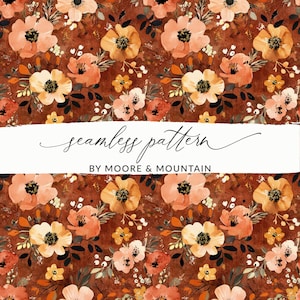 May include: A seamless pattern featuring a repeating design of orange, yellow, and white flowers on a brown background. The pattern is perfect for use in fabric, wallpaper, or other decorative applications.
