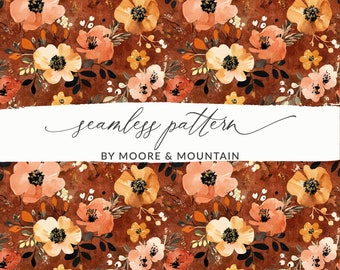 May include: A seamless pattern featuring a repeating design of orange, yellow, and white flowers on a brown background. The pattern is perfect for use in fabric, wallpaper, or other decorative applications.
