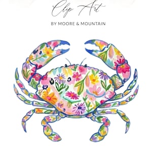 Floral Crab Watercolor Clip Coastal Clip Art    | Preppy Coastal Wall Decor | Summer Beach House Clipart| Crab Lover Gift for Her
