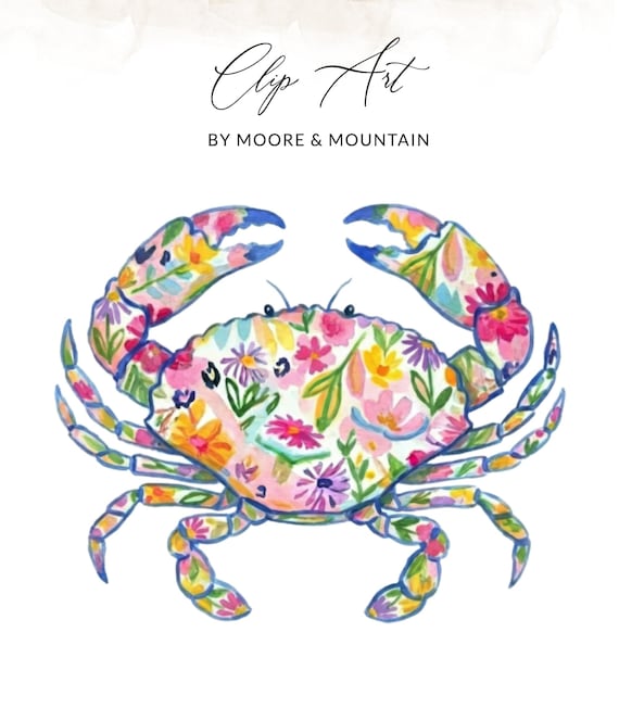 Floral Crab Watercolor Clip Coastal Clip Art    | Preppy Coastal Wall Decor | Summer Beach House Clipart| Crab Lover Gift for Her