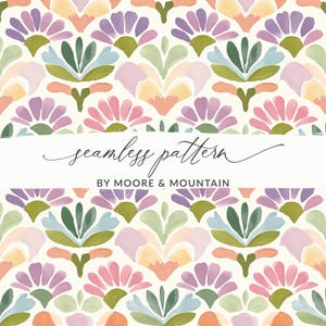 May include: A seamless pattern featuring watercolor floral designs in shades of pink, purple, green, and peach on a cream background. The text "seamless pattern" and "BY MOORE & MOUNTAIN" are displayed in a white banner.