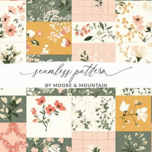 May include: A patchwork design featuring floral patterns in shades of pink, white, green, and gold. The words "seamless pattern" are written in cursive, with "BY MOORE & MOUNTAIN" below. The design is suitable for fabric, wallpaper, or other applications.