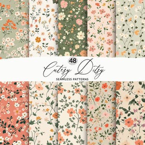 Peut inclure: Une collection de 48 motifs floraux sans couture aux couleurs variées, dont pêche, vert et blanc. Les motifs présentent de petites fleurs et du feuillage délicats. Le texte "Cutesy Ditsy" et "Seamless Patterns" est affiché.