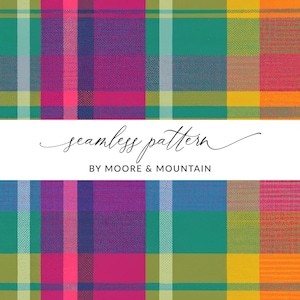 May include: A seamless pattern featuring a colourful plaid design with shades of pink, yellow, green, blue, and white. The pattern is repeated throughout the image.
