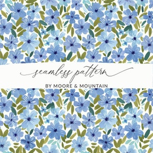 Light Blue Floral Blooms Pattern, Seamless Bloom Background Pattern, Painted Blue Floral Background Pattern, Light Blue Watercolor Flowers