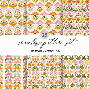 Peut inclure: Ensemble de 25 motifs floraux sans couture. Les motifs présentent des fleurs et des feuilles colorées dans des tons orange, rose, jaune, violet et vert. Le texte "seamless pattern set" est affiché.