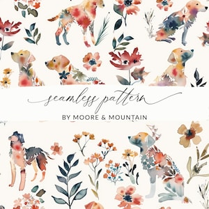 May include: A seamless pattern featuring watercolour illustrations of dogs and flowers. The dogs are depicted in various poses, with their bodies outlined in floral patterns. The flowers are in shades of pink, red, orange, and yellow.