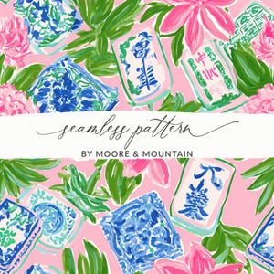 Puede incluir: Un patrón sin costuras con un fondo rosa vibrante decorado con azulejos de estilo chinoiserie azul y blanco, follaje verde y flores de color rosa brillante. El texto "seamless pattern BY MOORE & MOUNTAIN" está centrado.