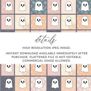 May include: A repeating pattern of white ghost illustrations on a patchwork background of pink, orange, and blue squares. The word "details" is written in cursive. The text below reads "HIGH RESOLUTION JPEG IMAGE. INSTANT DOWNLOAD AVAILABLE IMMEDIATELY AFTER PURCHASE. FLATTENED FILE IS NOT EDITABLE. COMMERCIAL USAGE ALLOWED."