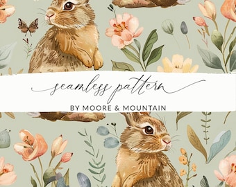 Seamless Vintage Rabbit Background Pattern, Seamless Spring Rabbit Pattern, Repeating Spring Bunny Seamless Pattern File for Commercial Use