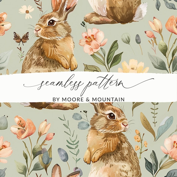 Seamless Vintage Rabbit Background Pattern, Seamless Spring Rabbit Pattern, Repeating Spring Bunny Seamless Pattern File for Commercial Use