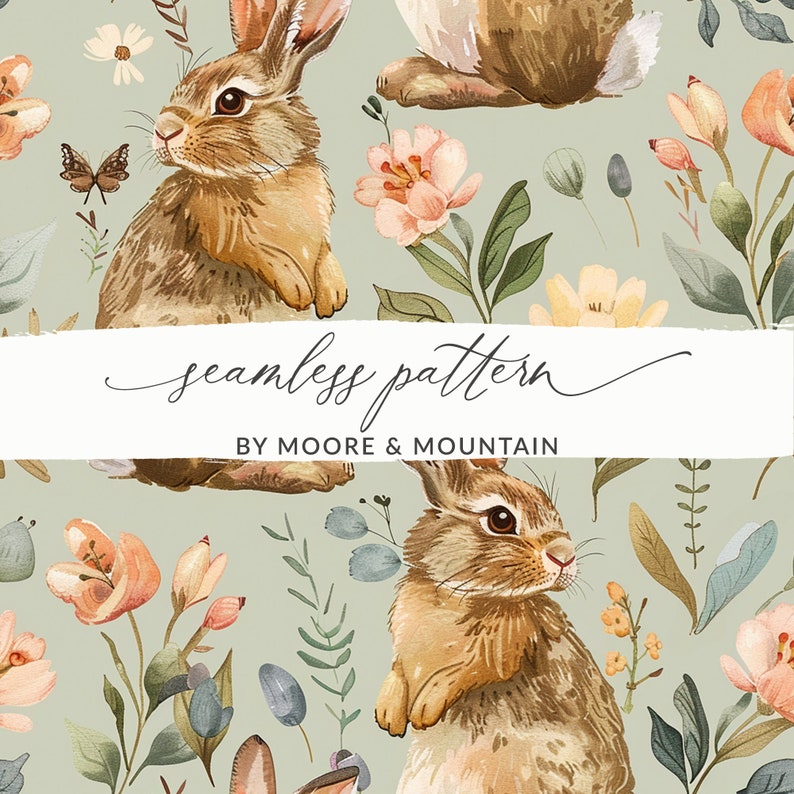 May include: A seamless pattern featuring watercolor illustrations of bunnies and floral bouquets. The background is a soft green color. The pattern is perfect for fabric, wallpaper, or other creative projects.