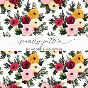 Padrão de fundo floral de Natal se repete perfeitamente, Ranúnculo floral, Buquê de flores redondo sem costura Fundo de flores de inverno Natal