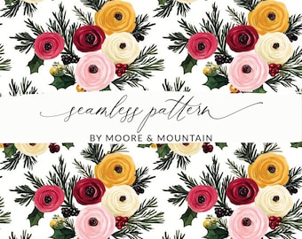 Weihnachten florales Hintergrundmuster wiederholt sich nahtlos, Ranunkel geblümt, runder Blumenstrauß nahtlose Winterblumen Hintergrund Weihnachten