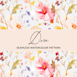 Puede incluir: Un patrón de acuarela sin costuras con flores rosas, amarillas y rojas con hojas verdes sobre un fondo azul claro. El texto "Dora Seamless Watercolor Pattern" se muestra en una pancarta de color melocotón.