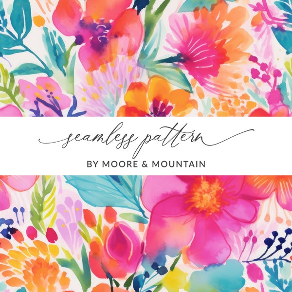 Vibrant Watercolor Blooms Seamless Pattern, Tropical Watercolor Background Pattern, Colorful Watercolor Floral Seamless Pattern, Bright